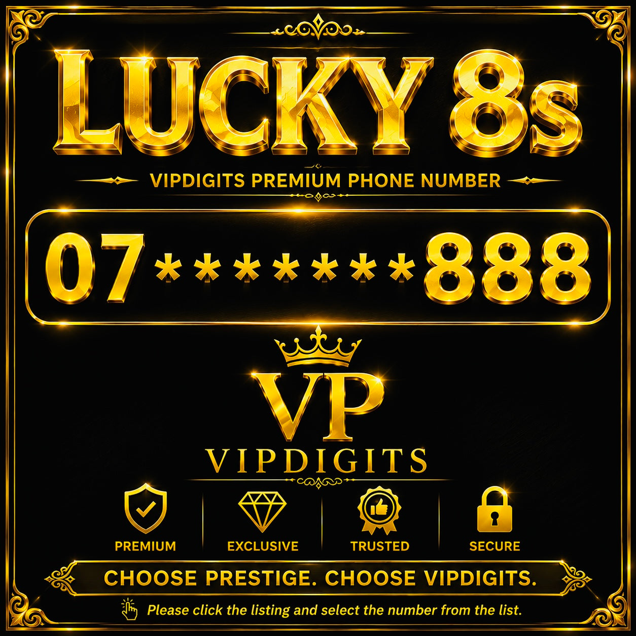 07 888 Gold Diamond VIP Mobile Number UK – Lucky 8s Rare Premium Easy-to-Remember SIM