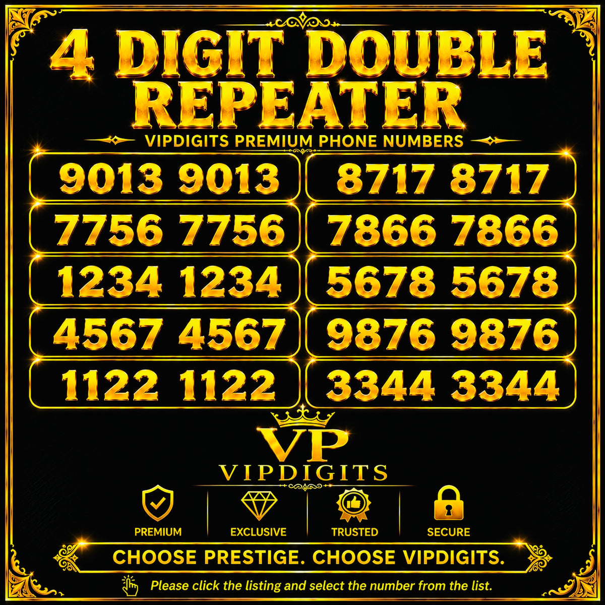 4-Digit Double Repeater Mobile Numbers UK | Gold Diamond VIP