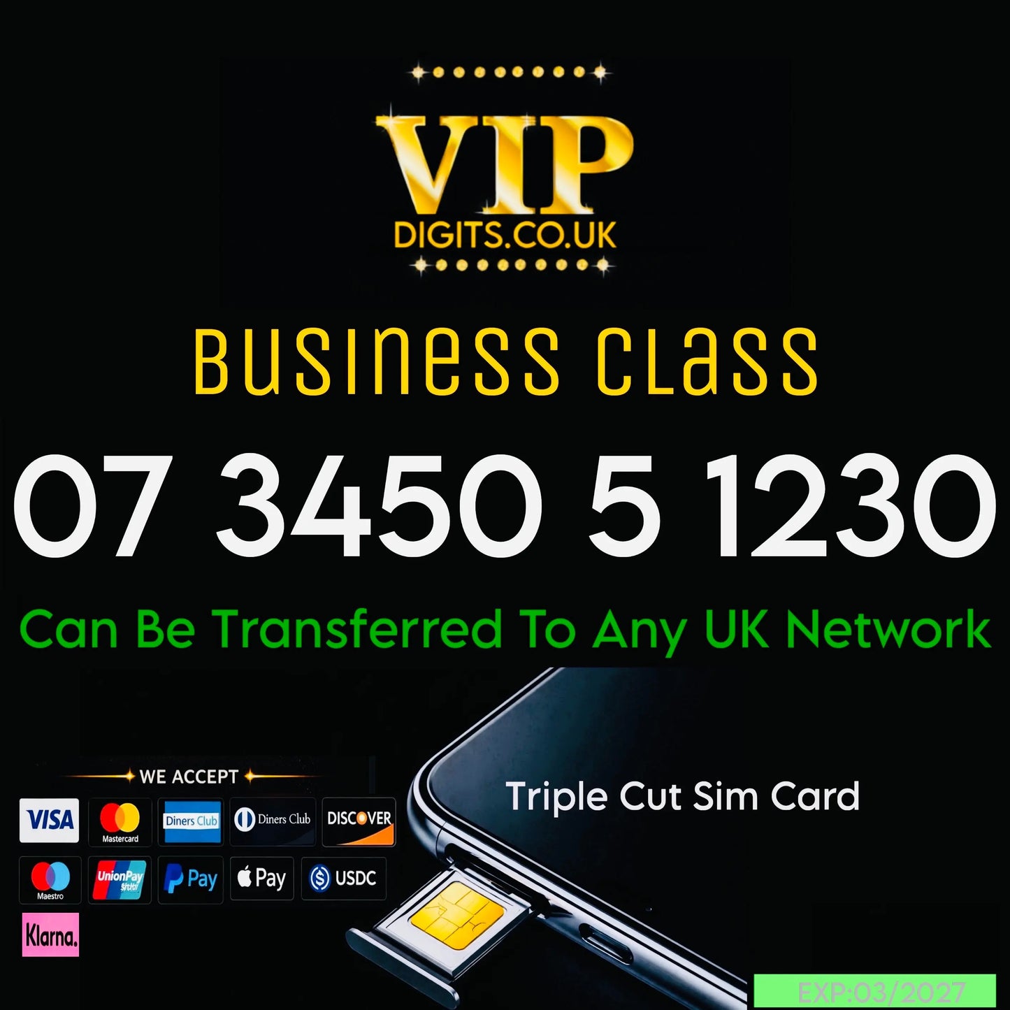 VIP Easy To Remember Golden UK & Europe Sim Card Mobile Phone Number - Platinum Mobile Number For Personal and Business 073450 5 1230