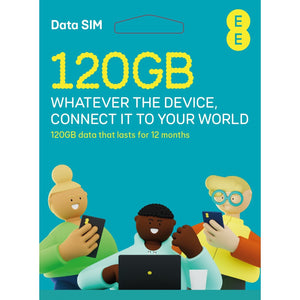 EE Data Only Sim Card. Preloaded 120GB Data, Lasts 12 Months from First Use. Does Not Include Roaming, Minutes Or Texts.