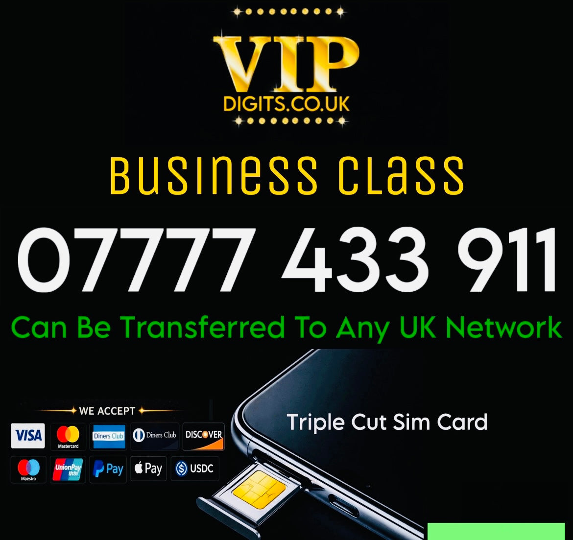 07777 433 911 Gold Diamond VIP Mobile Number – Ultra Rare 77777 Pattern Iconic 911 Premium SIM