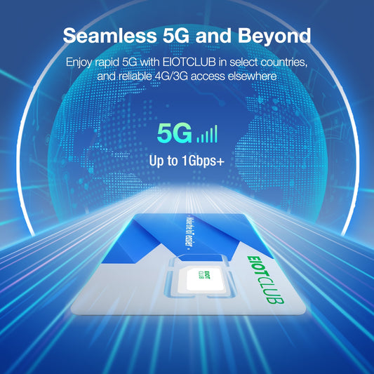 EIOTCLUB Prepaid Travel SIM Card. Supports use in 77+ countries, data only, 5G/4G LTE high-speed, no contract, refillable. Perfect for phones, Wi-Fi routers, and tablets.